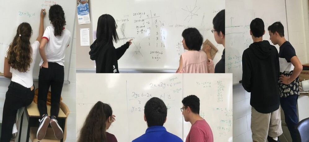 Collage of students solving math problems on white board